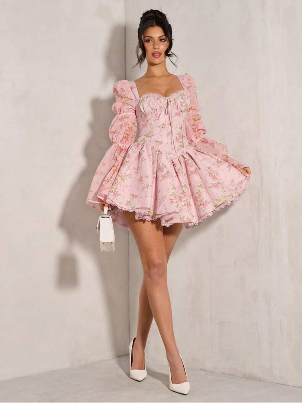 3/$30 ☀️SHEIN BAE Ditsy Floral Long Sleeve Square Neck Romantic Lace Dress